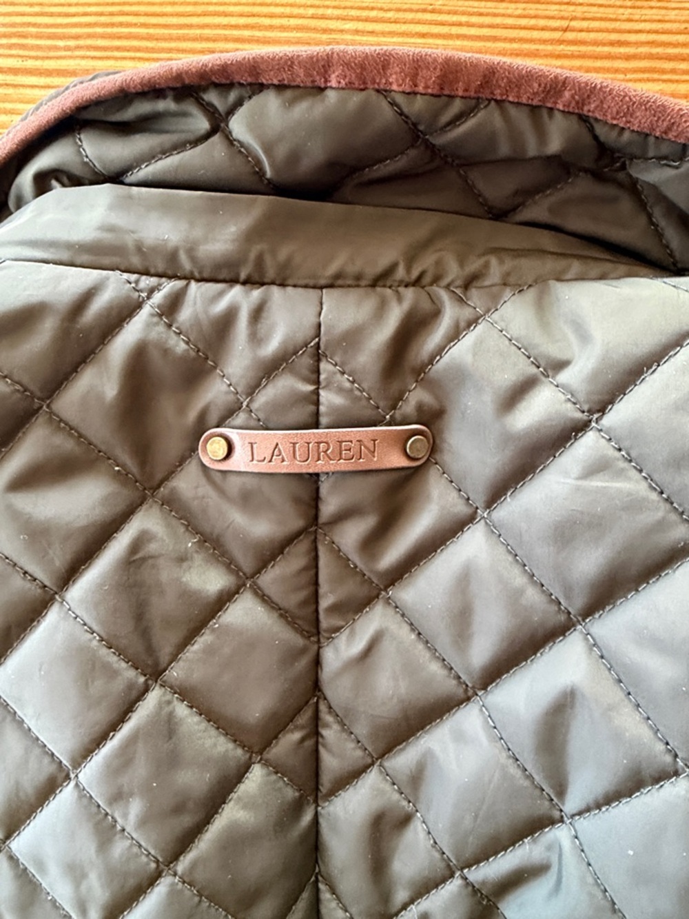 Ralph Lauren Quilted Puffer Coat in Dark Green with Brown Trim - Picture 5 of 5